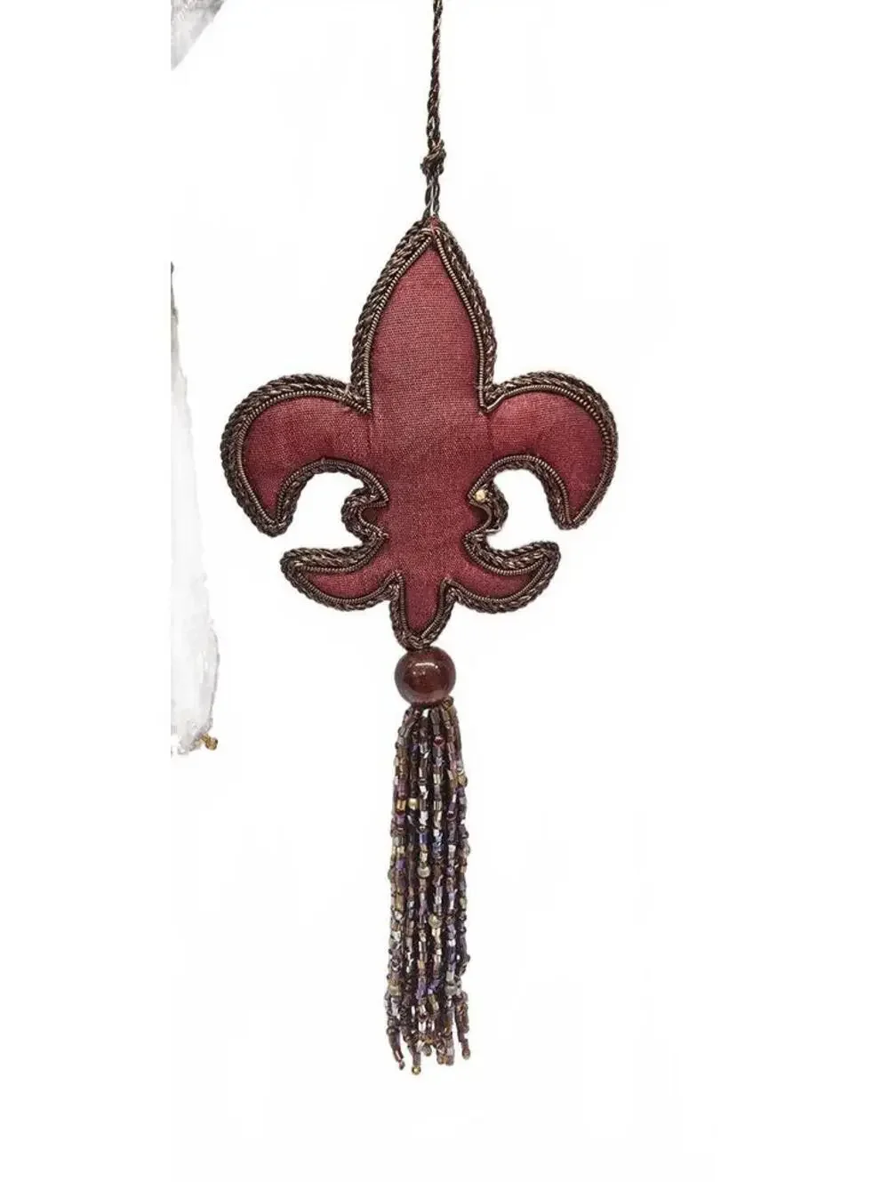 Set of 4 Vintage Style Burgundy Fabric Tassel Ornaments with Heart and Fleur-de-